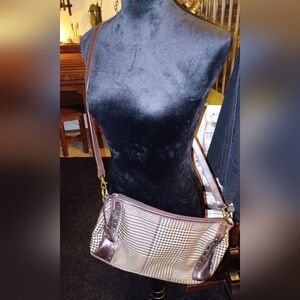 Ralph Lauren MediumBrown Houndstooth Plaid Fabric Leather Brass Crossbody Duffle
